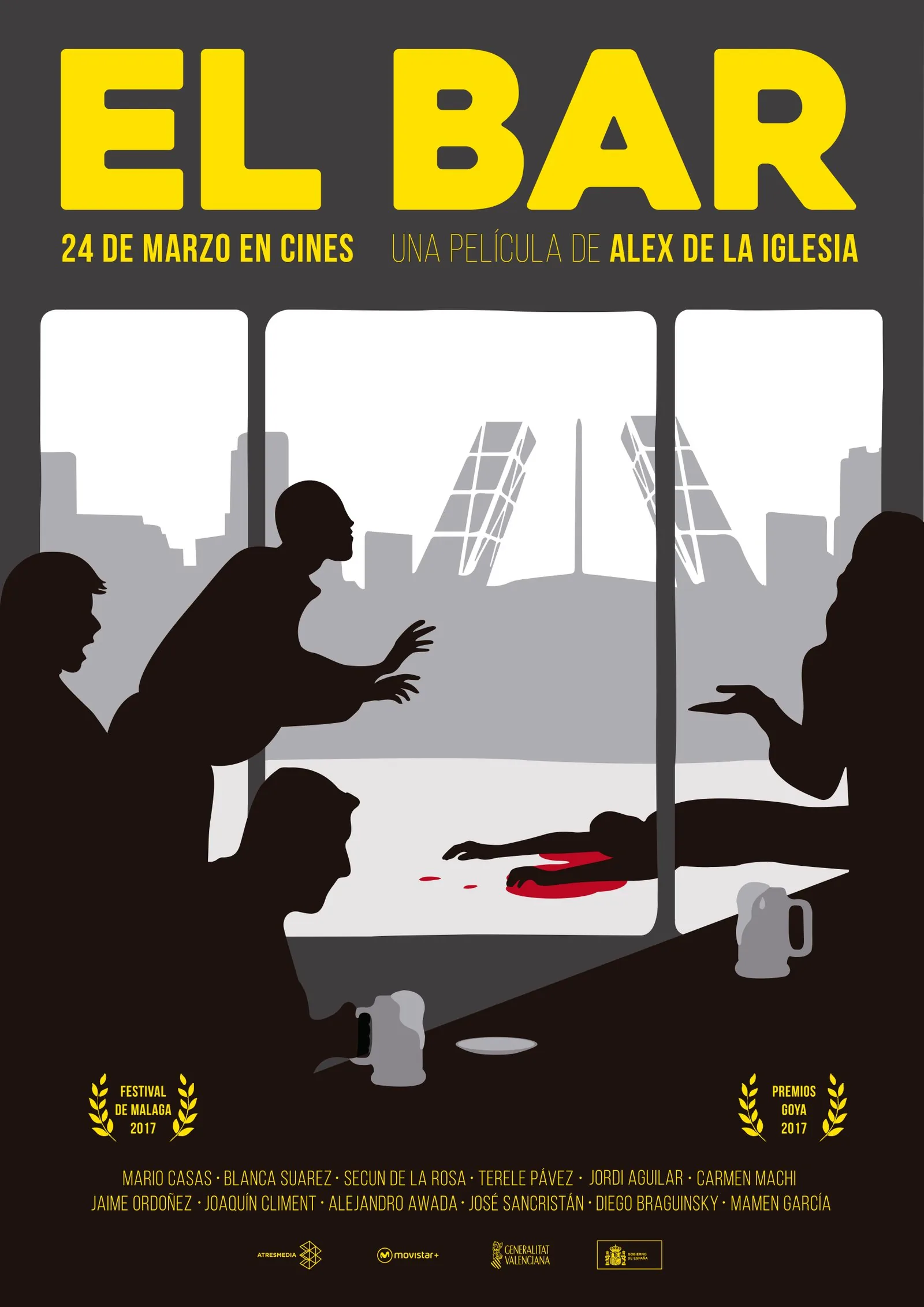 Cartel de cine para «El Bar», de Álex de la Iglesia: siluetas en un bar con la ciudad al fondo.