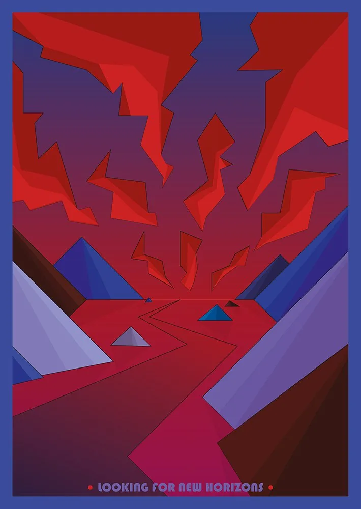 Cartel ilustrado «Looking for new horizons»: paisaje abstracto de formas angulosas en rojos, morados y azules.