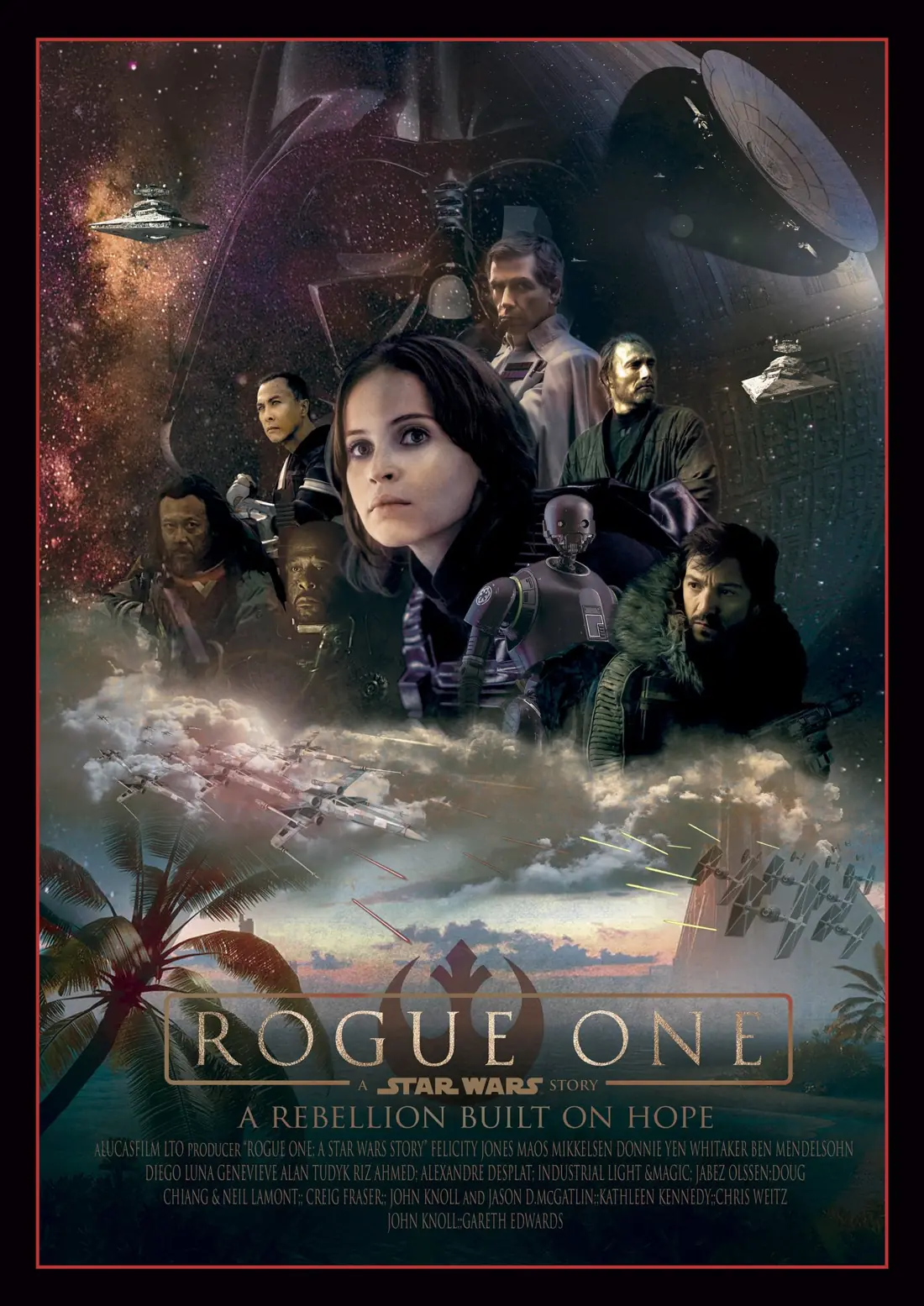 Cartel de cine para «Rogue One: A Star Wars Story» con los protagonistas y naves sobre fondo espacial.