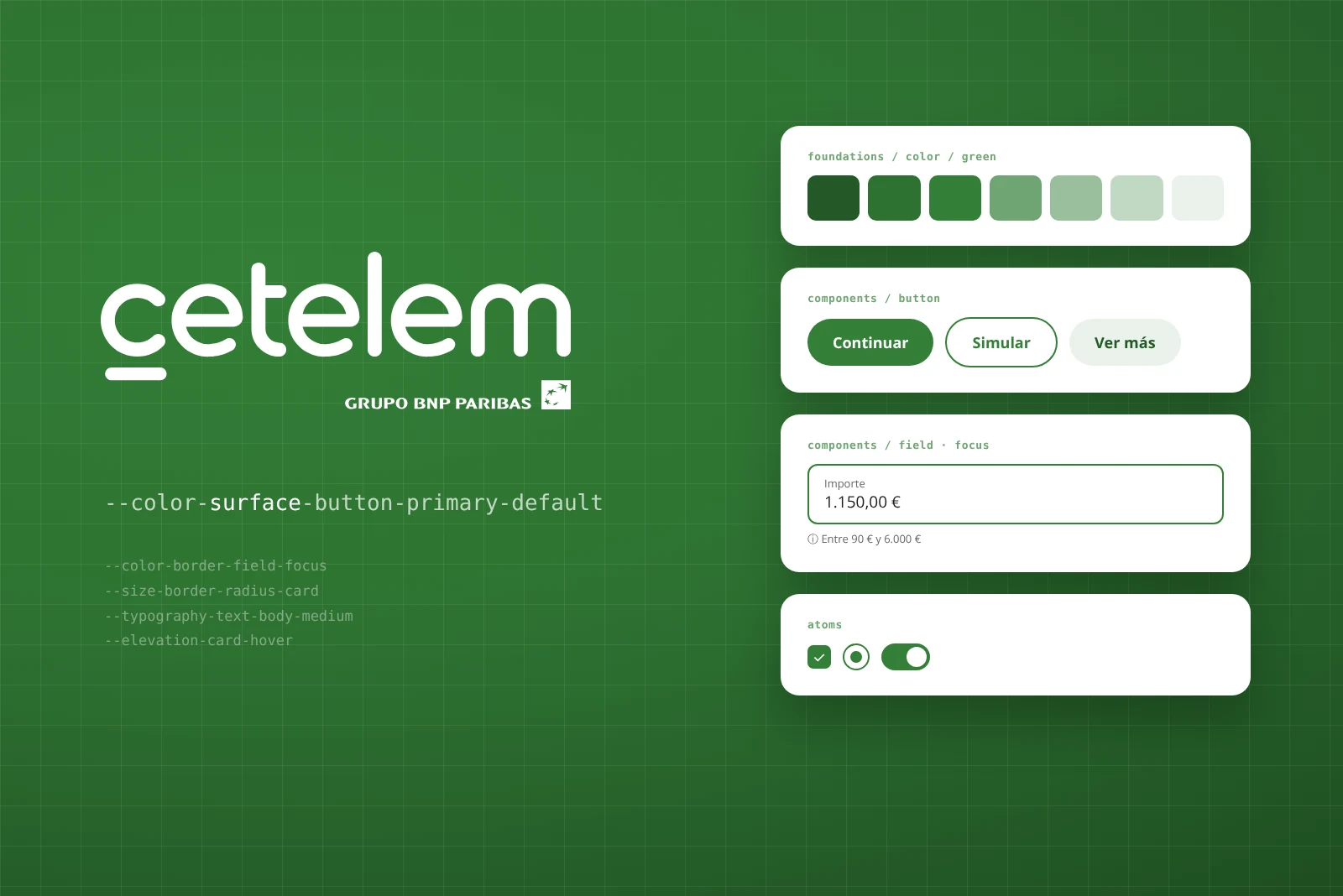 Logotipo de Cetelem sobre fondo verde con nombres de tokens y piezas del sistema: paleta de verdes, botones, un campo de texto y controles.