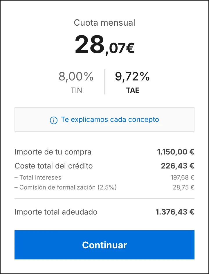 El mismo simulador en el modo Apple: azul, tipografía SF Pro y esquinas rectas en tarjeta, caja y botón.
