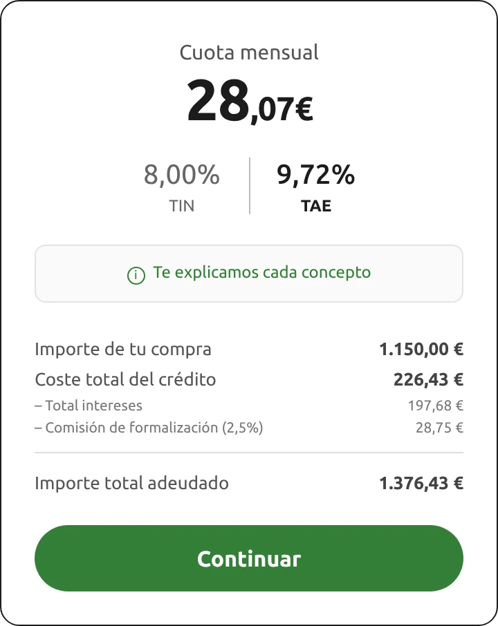 Simulador de cuota en el modo Cetelem: verde, tipografía Ubuntu, esquinas redondeadas y botón en píldora.