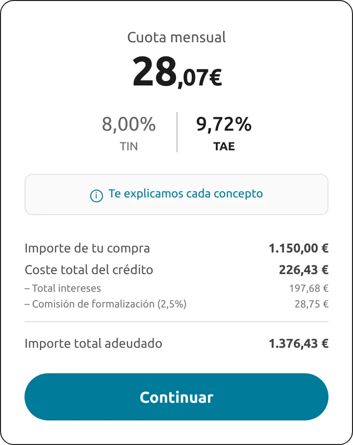 El mismo simulador en el modo enCuotas, con su azul petróleo.